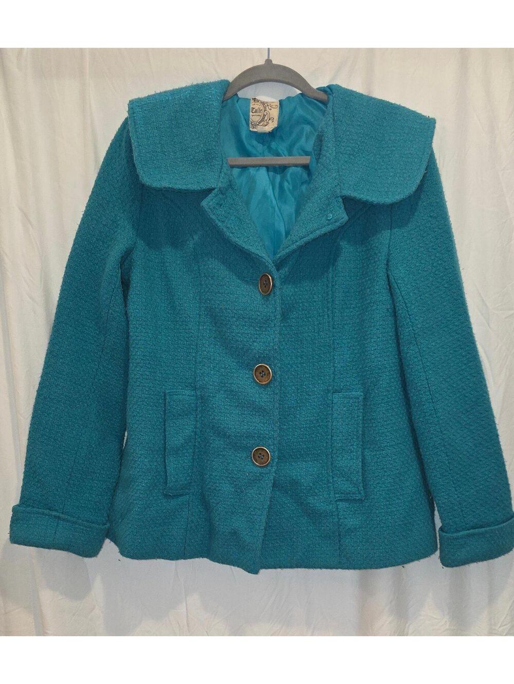 Tulle Anthropologie Teal Green Wool Blend Hooded Peacoat Jacket Women Size L